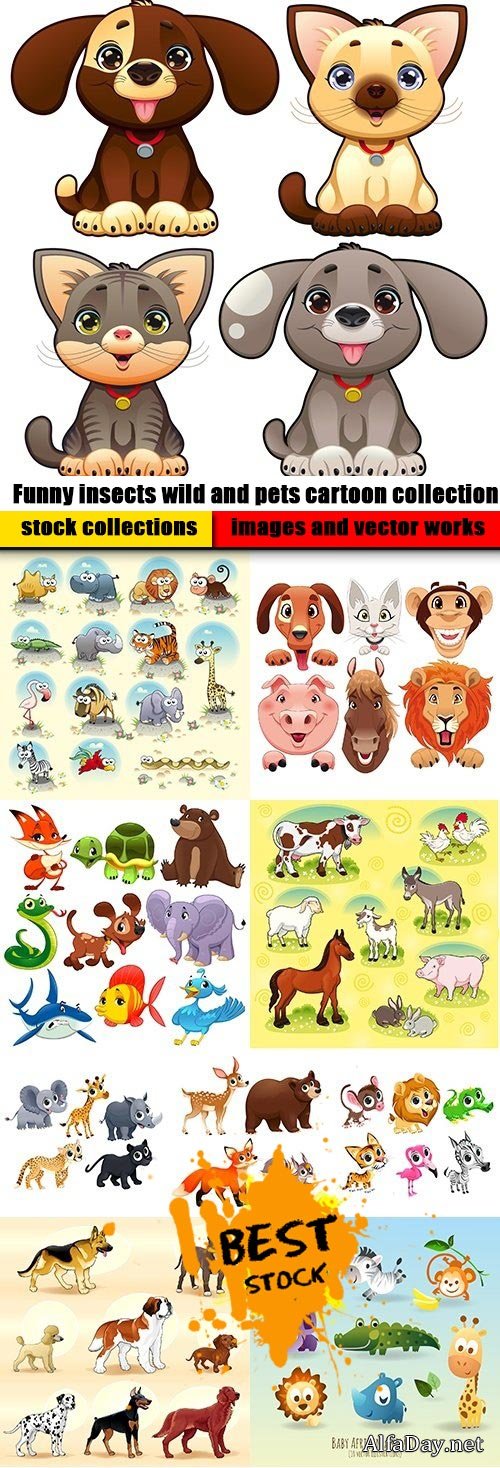 Funny insects wild and pets cartoon collection