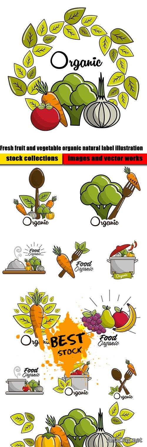 Fresh fruit and vegetable organic natural label illustration