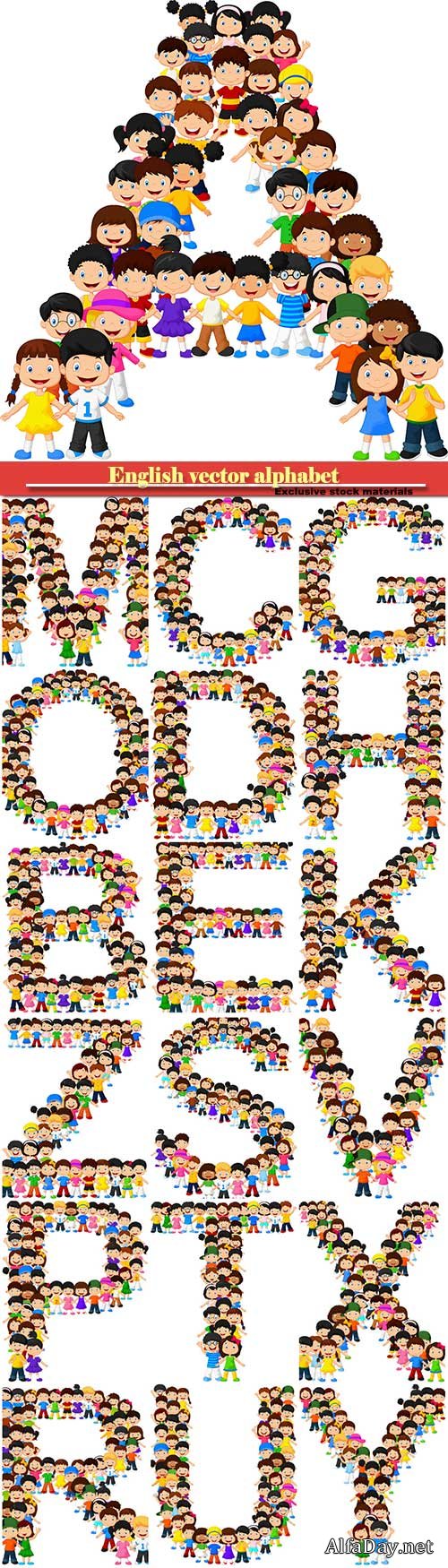 English vector alphabet of cheerful smiling children