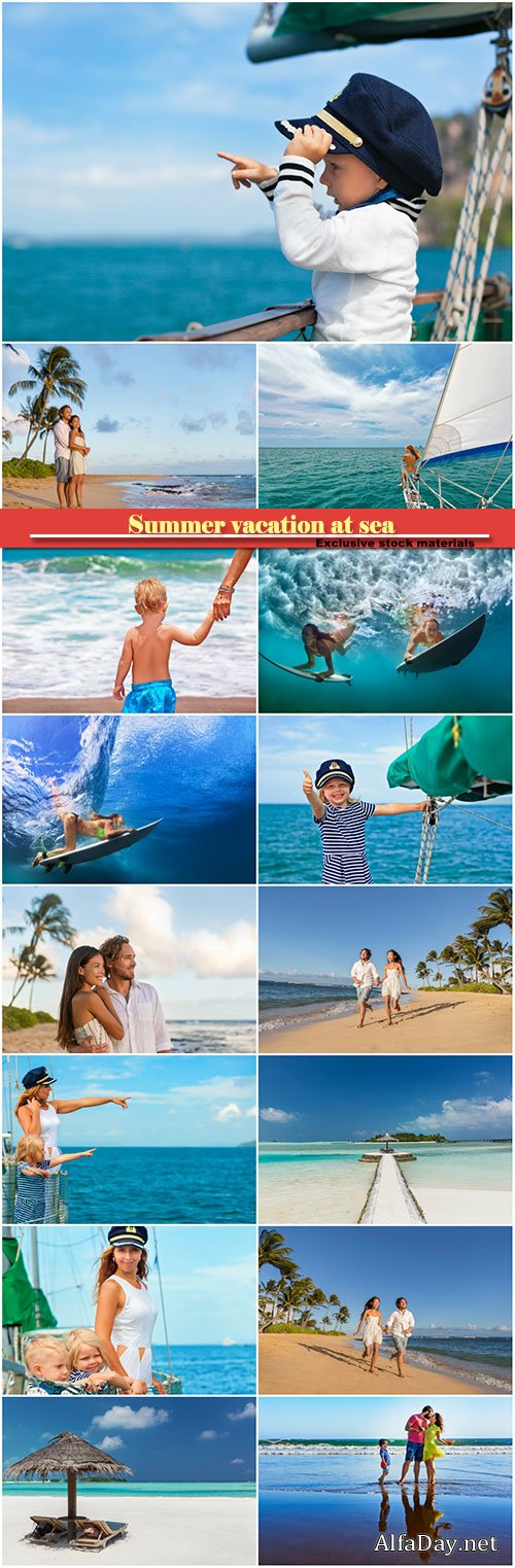 Summer vacation at sea, happy family on board of sailing yacht