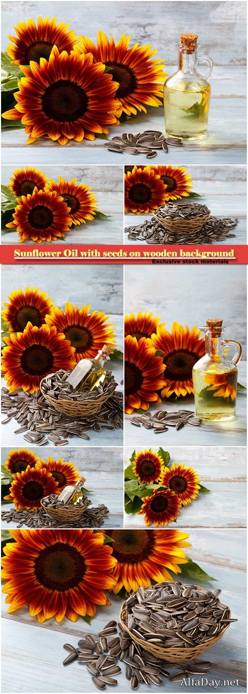 Sunflower Oil with seeds on vintage wooden background