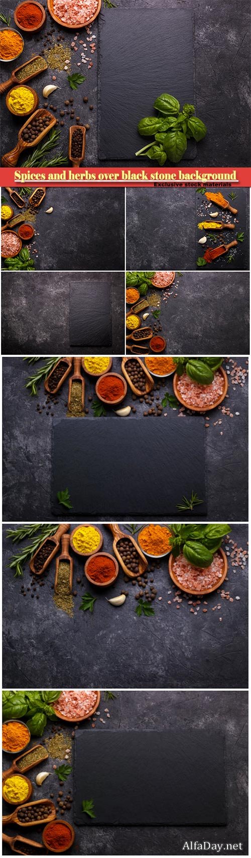Spices and herbs over black stone background, top view with free space for menu or recipes