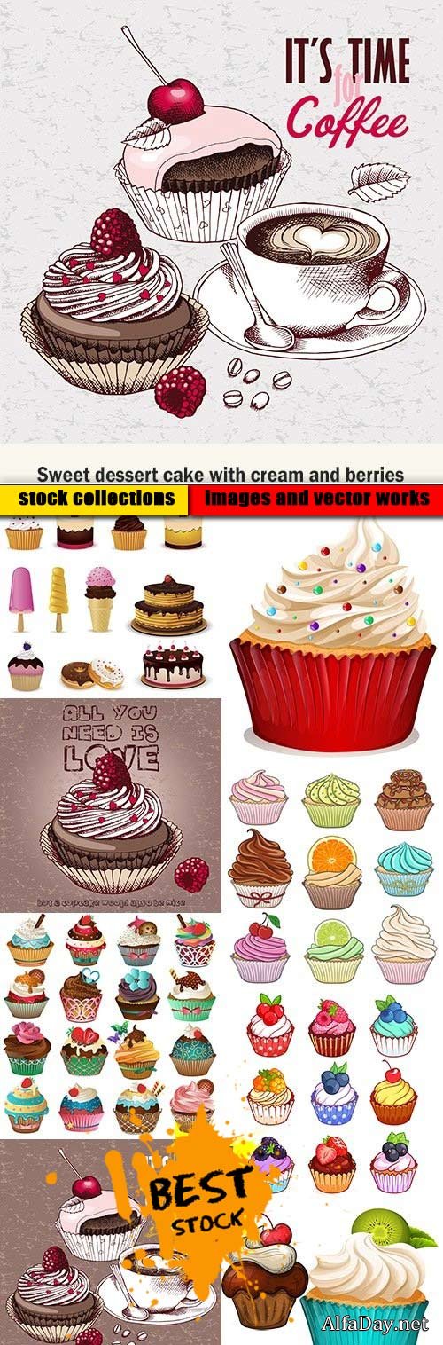 Sweet dessert cake with cream and berries