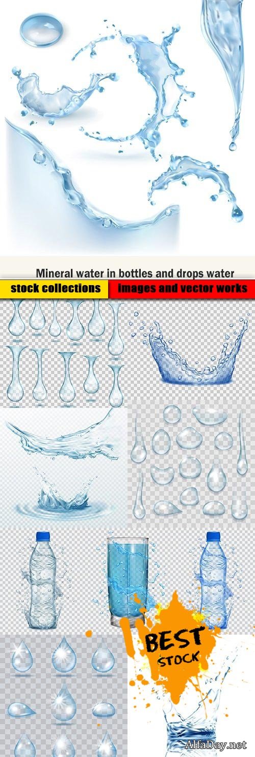 Mineral water in bottles and drops water