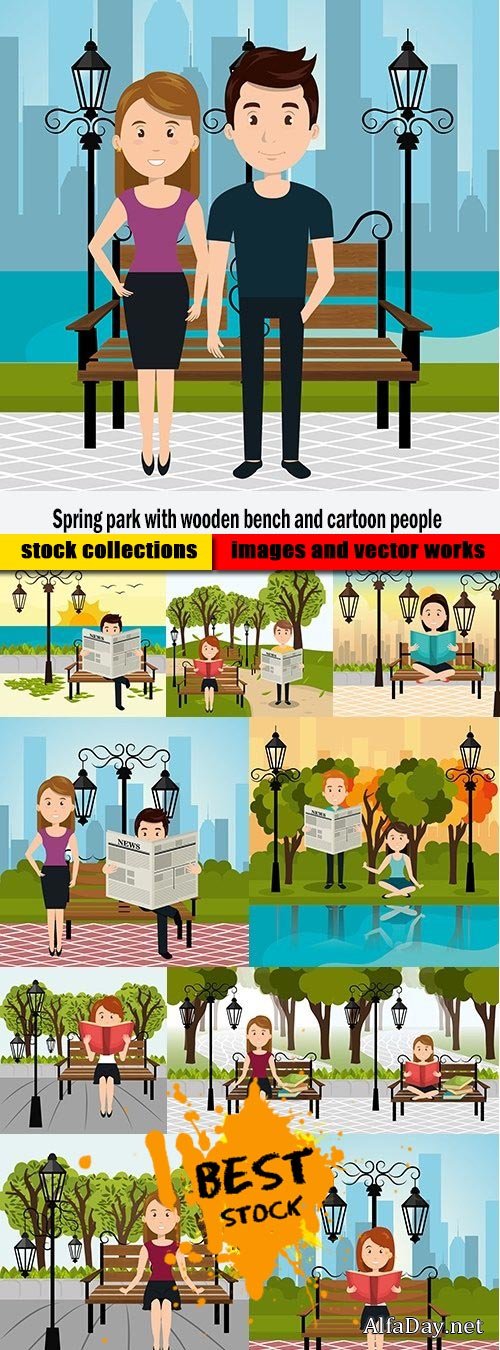 Spring park with wooden bench and cartoon people