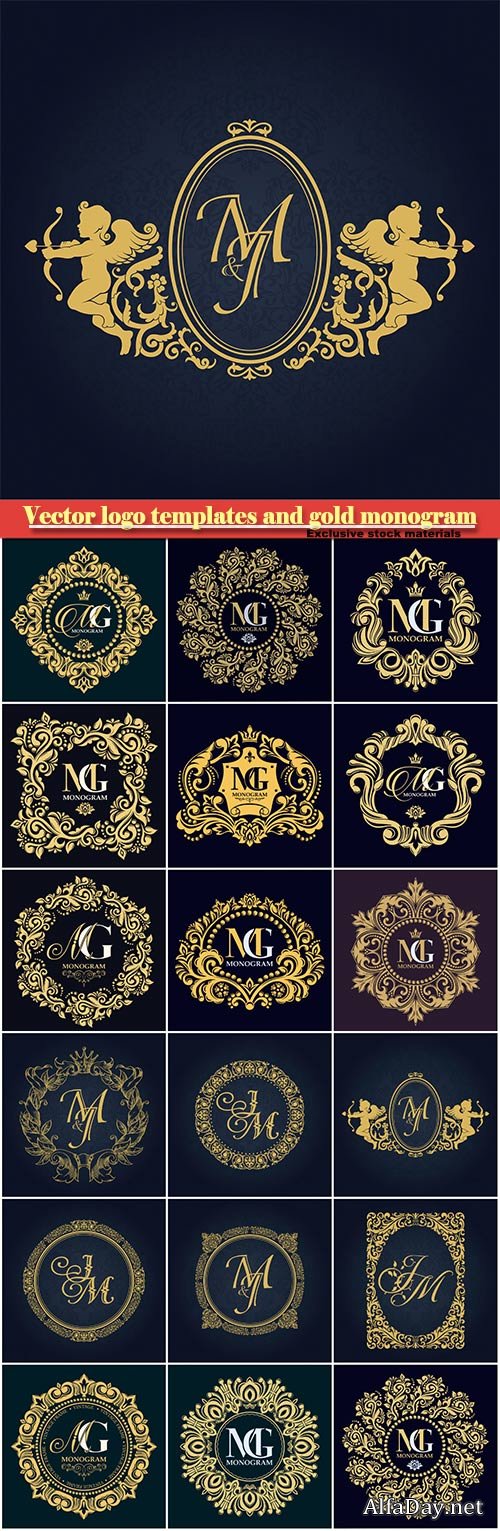 Vector logo templates and gold monogram, decorative frame