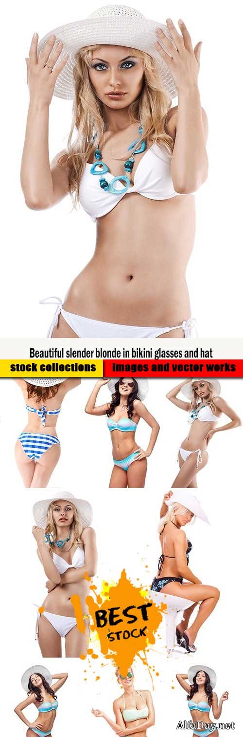 Beautiful slender blonde in bikini glasses and hat