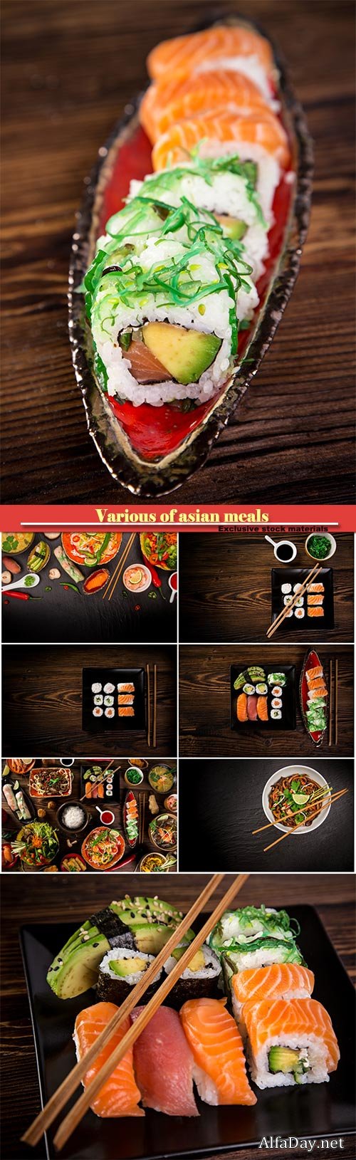 Various of asian meals on rustic background