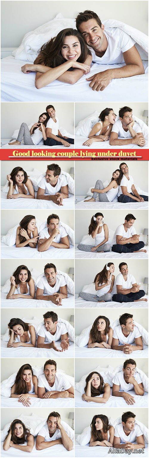 Good looking couple lying under duvet, smiling