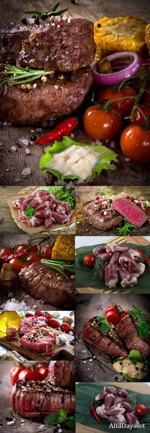 Beefsteak about blood greens spices and chicken heart
