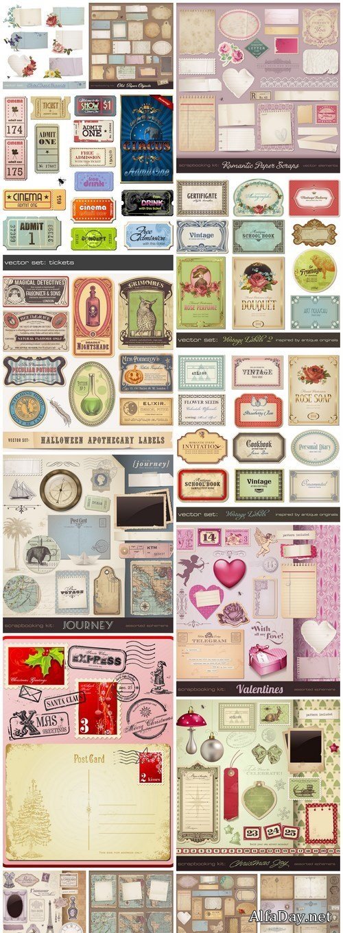 Vintage Scrapbooking Set - 15 Vector