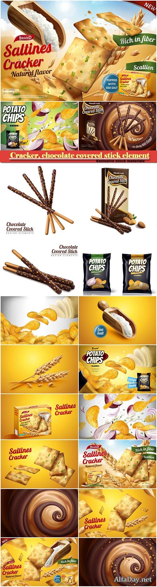 Saltines cracker ads, chocolate covered stick element, potato chip ads