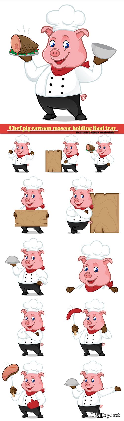 Chef pig cartoon mascot holding food tray