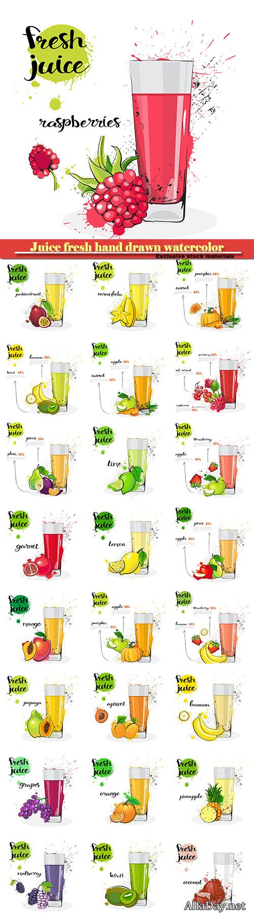 Juice fresh hand drawn watercolor, fruits and glass