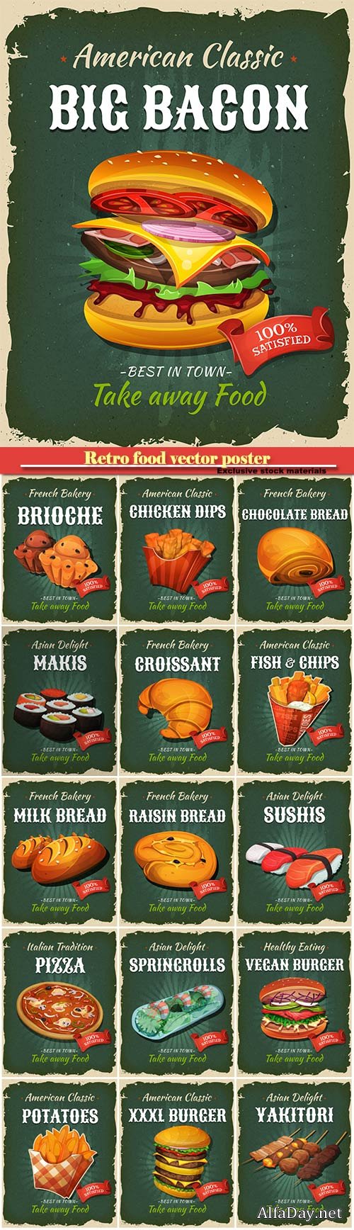 Retro food vector poster, burger, sushi, chicken-dips, pizza