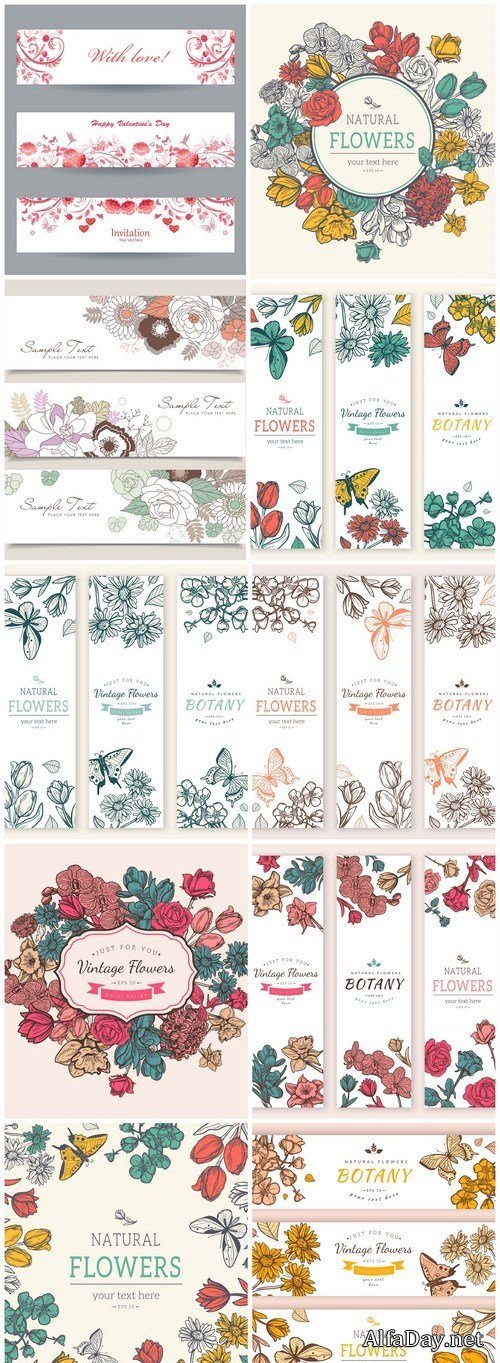 Vintage Floral Banners - 10 Vector