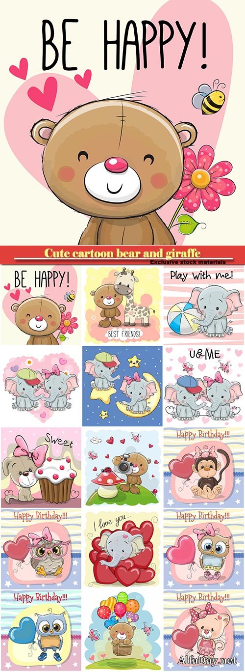 Cute cartoon bear and giraffe, owl and monkey with balloon