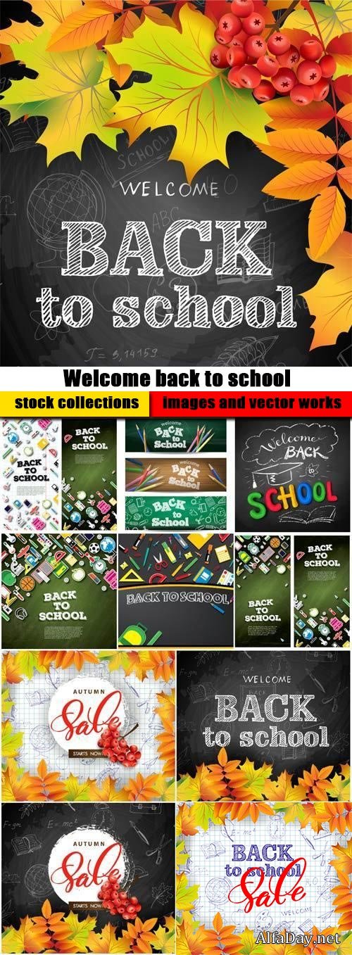 Welcome back to school background with bright autumn leaves, vector illustration