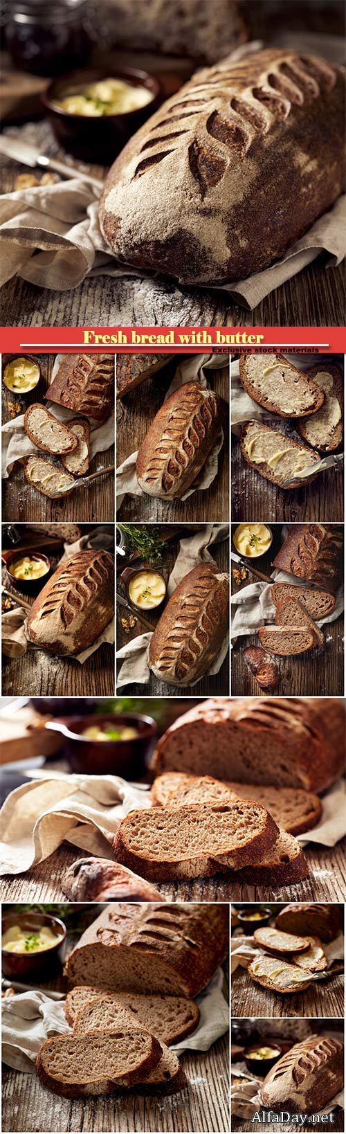 Fresh bread with butter on a wooden background