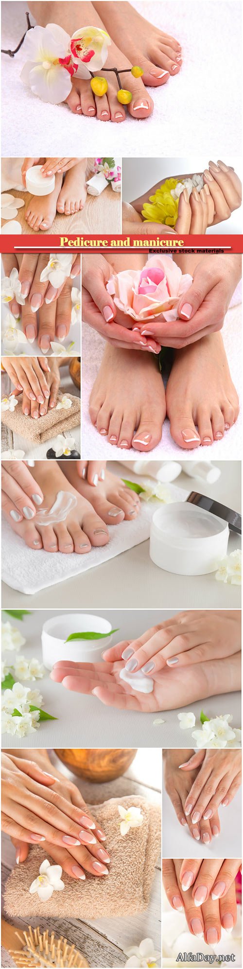 Photo of a beautiful female feet with pedicure and manicure