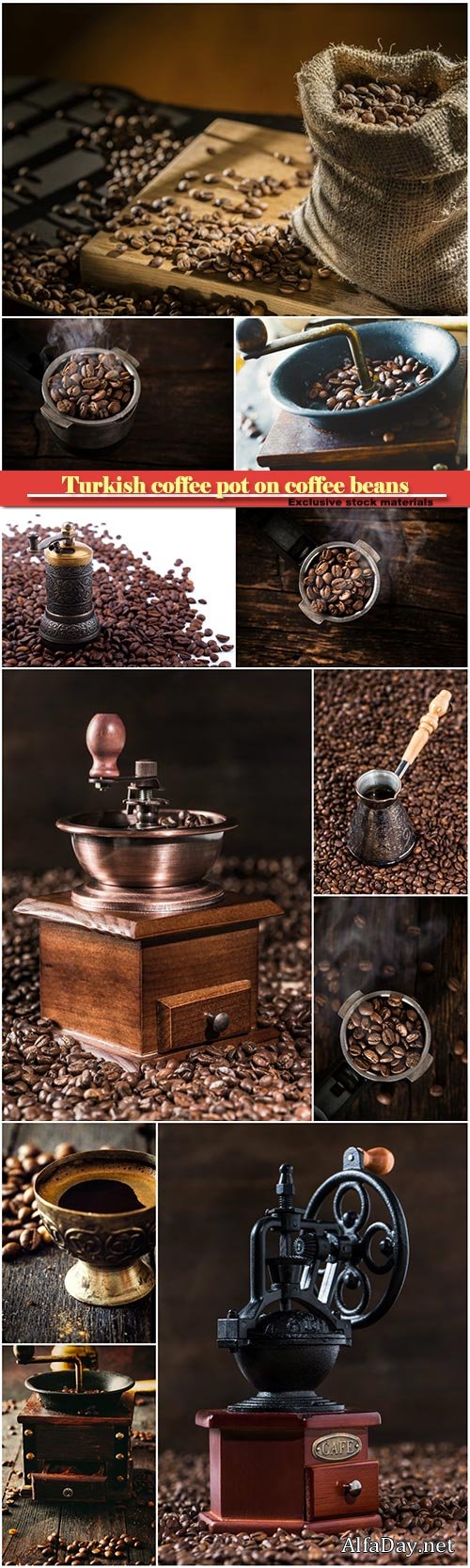 Turkish coffee pot on coffee beans, coffee mill