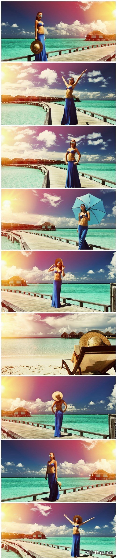 Woman on a beach jetty at Maldives - 9xUHQ JPEG Photo Stock