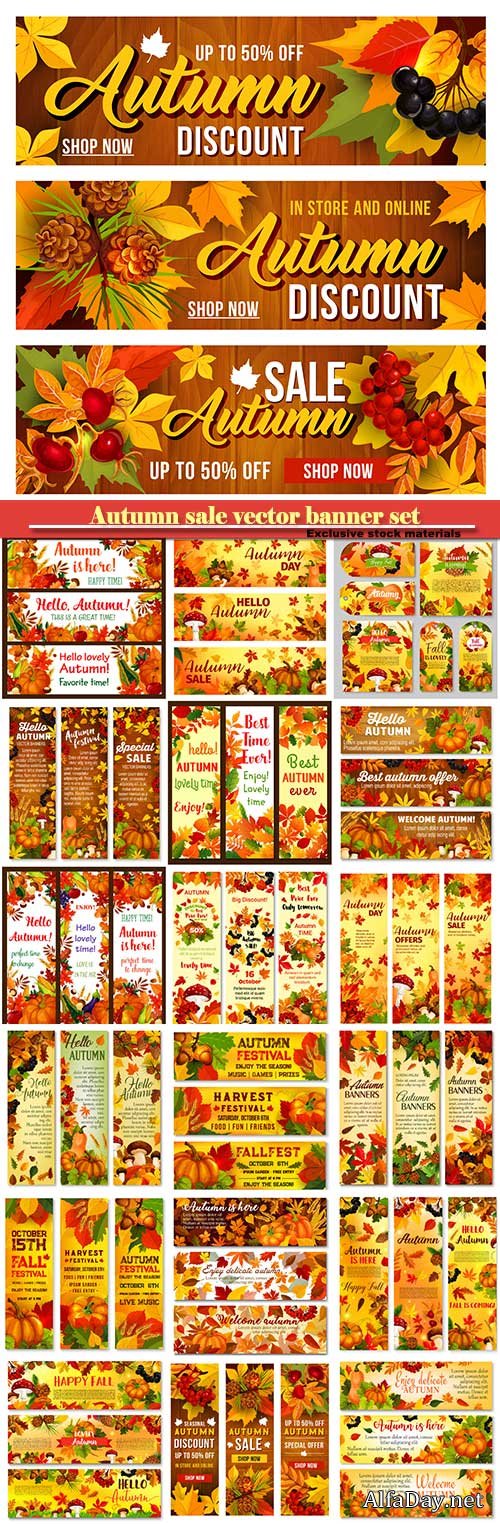 Autumn sale vector banner set of fall season discount price offer