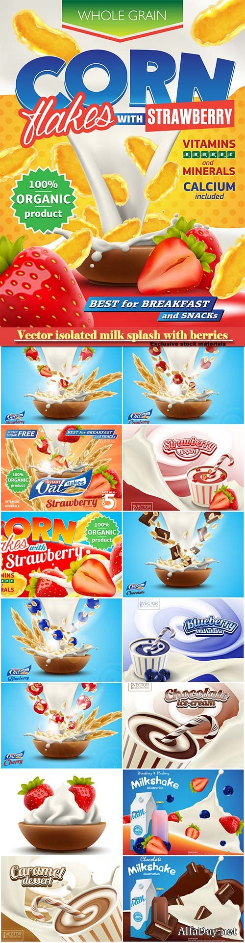 Vector isolated milk splash with berries, sweet strawberry yogurt, milkshake or cream