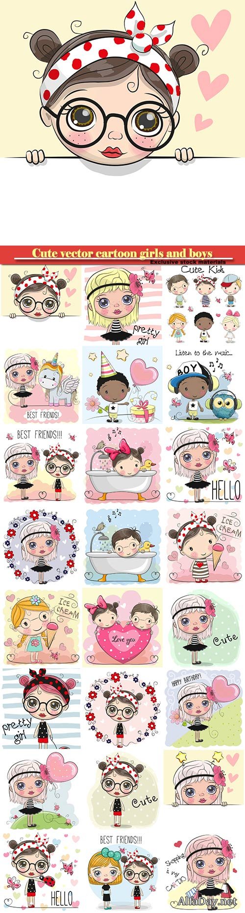 Cute vector cartoon girls and boys