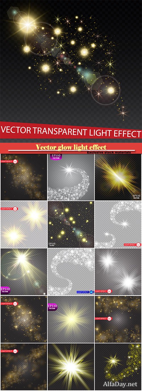 Vector glow light effect, gold glitter, star burst with sparkles