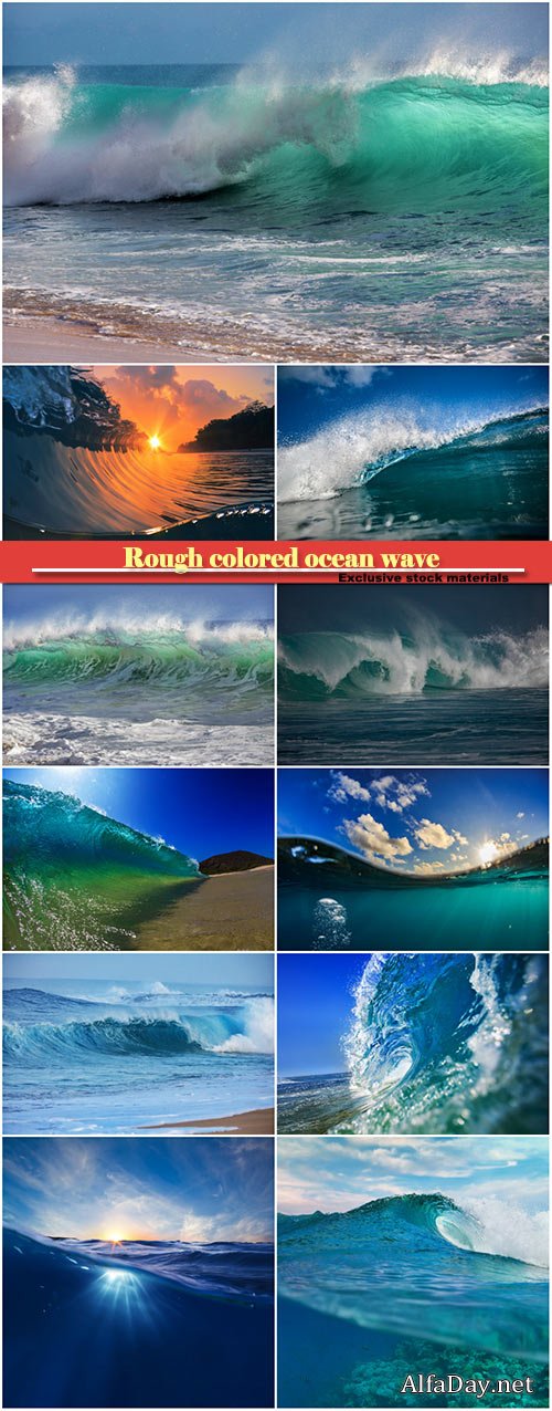 Rough colored ocean wave falling down at sunset time