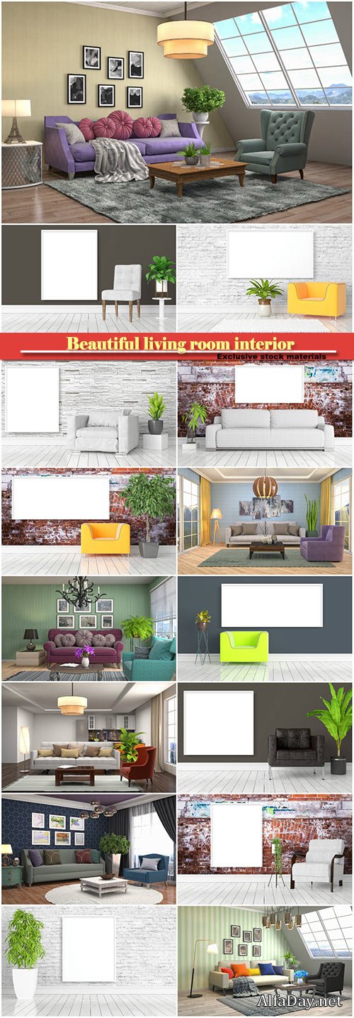 Beautiful living room interior with mock up poster frame, modern bright interior with empty frame
