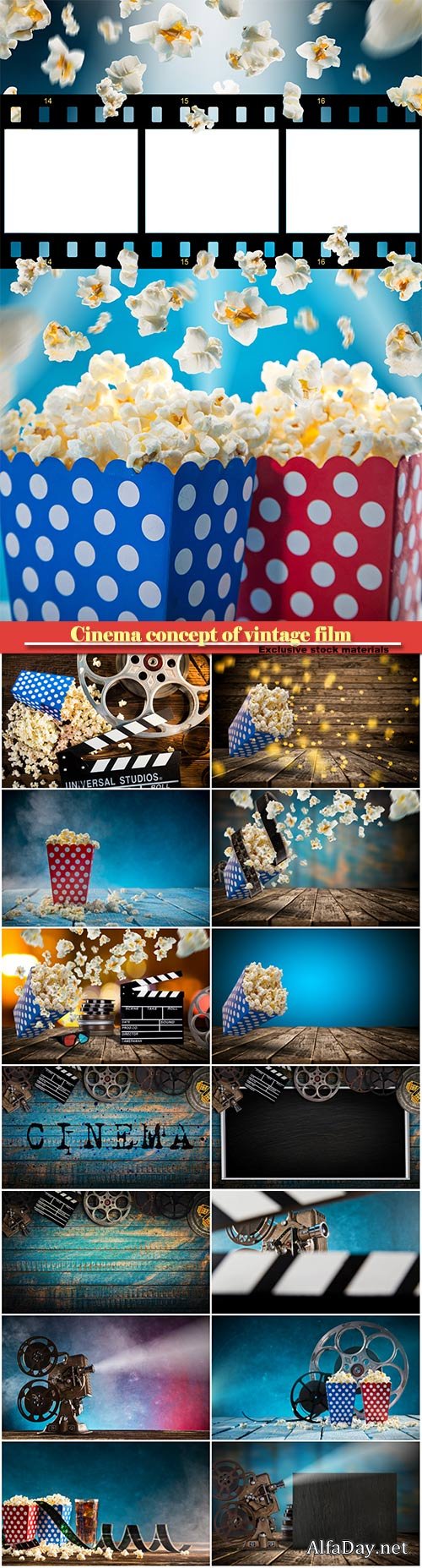 Cinema concept of vintage film reel with popcorn