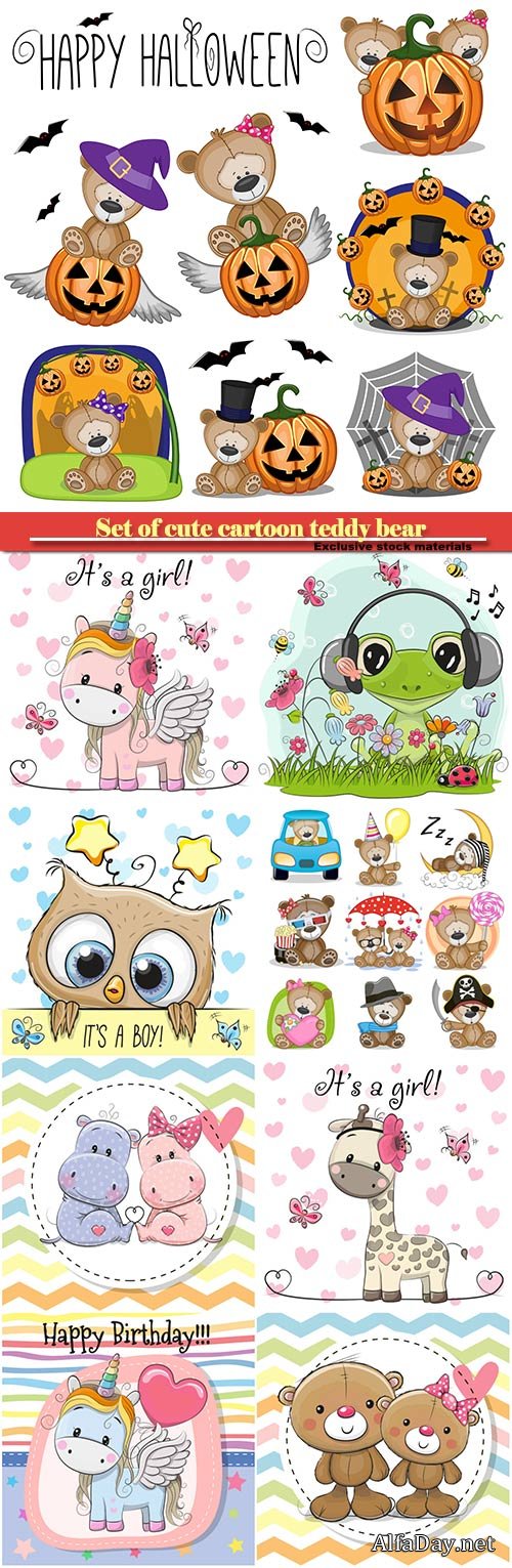 Set of cute cartoon teddy bear, Halloween set, cute animals