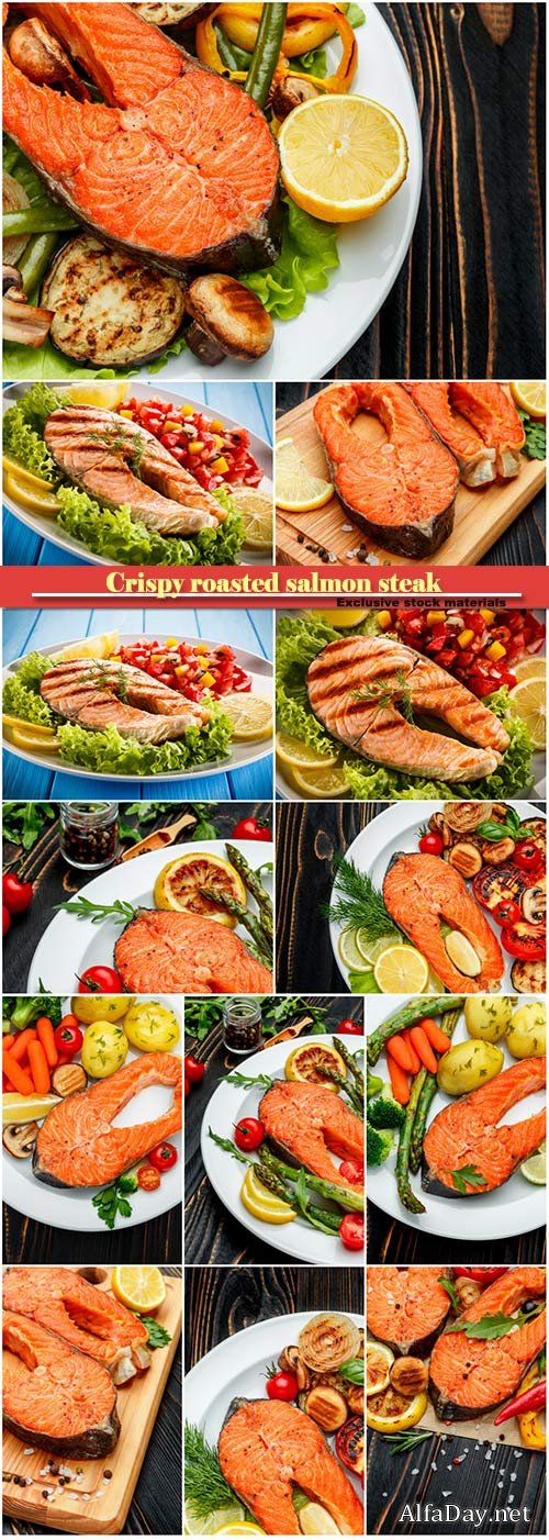 Crispy roasted salmon steak with vegetables
