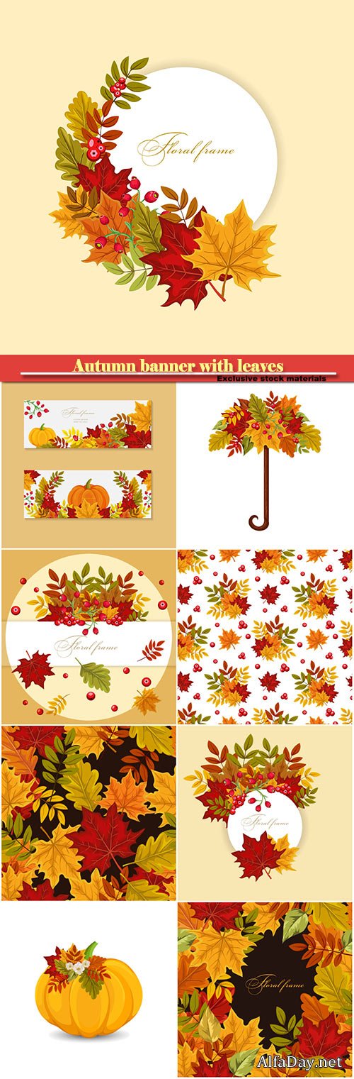 Autumn banner with leaves and  berries, vector colorful background for greeting card