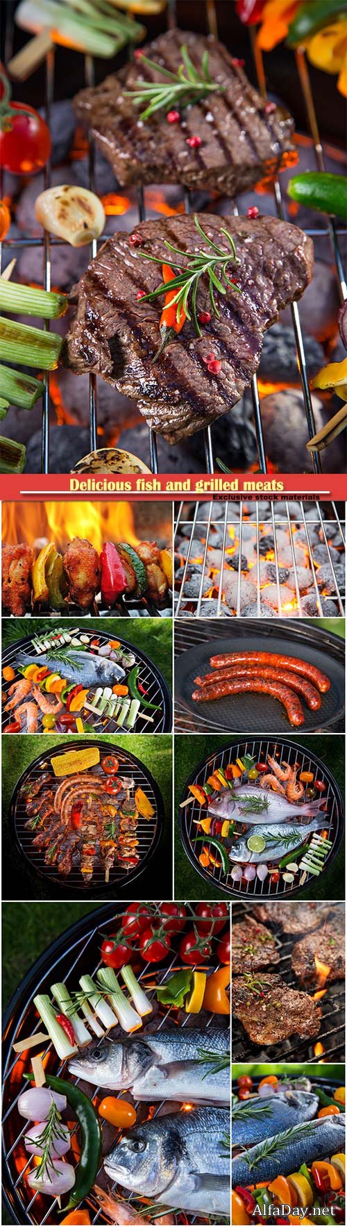 Delicious fish and grilled meats with vegetables