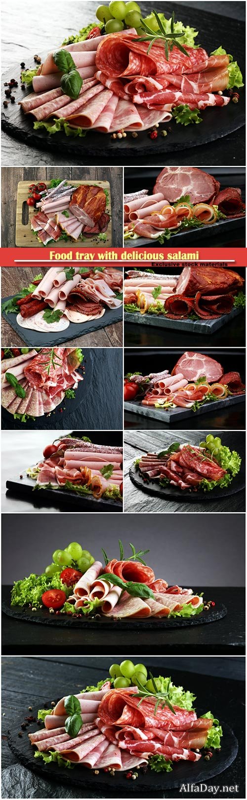 Food tray with delicious salami, pieces of sliced ham, sausage, tomatoes, salad and vegetable