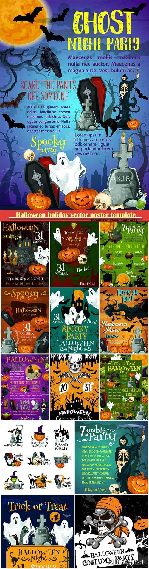 Halloween holiday vector poster template, pumpkin with witch hat, spider and skull, flying bat and ghost, creepy skeleton with scythe, cemetery and zombie