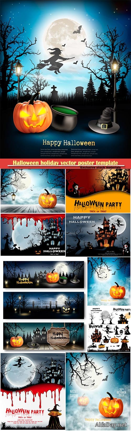 Halloween holiday vector poster template with pumpkin and moon