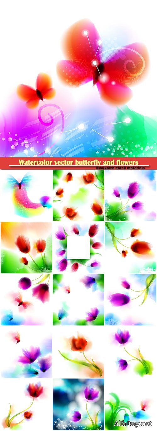 Watercolor vector romantic butterfly and blooming flowers