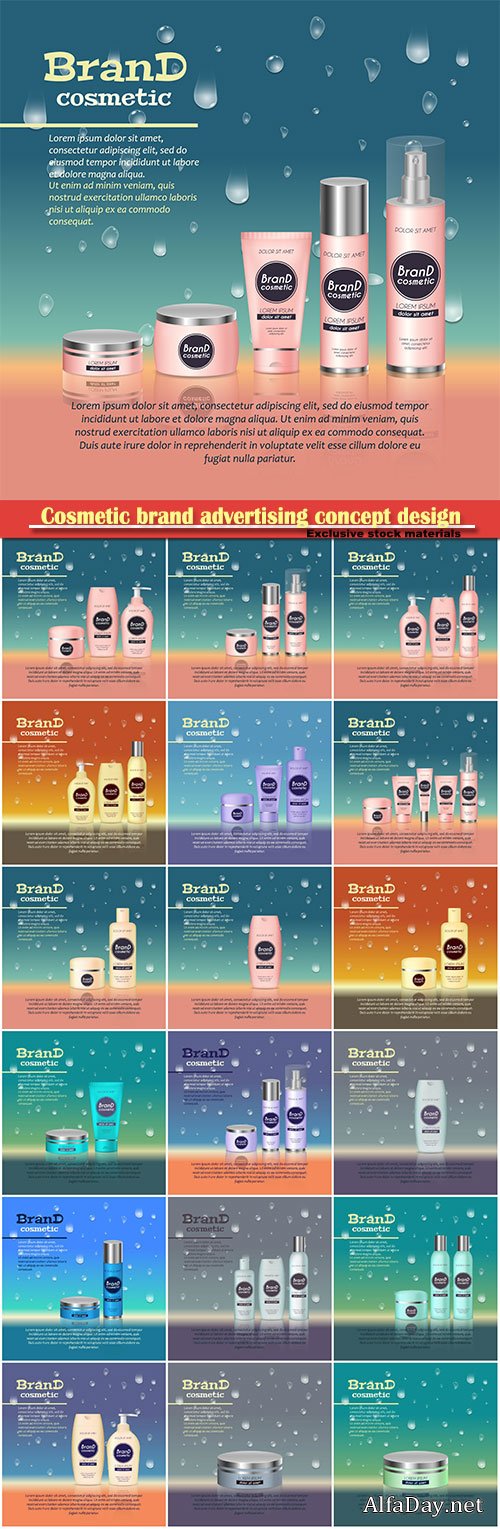 Cosmetic brand advertising concept design, 3D realistic vector cosmetic bottle ads template