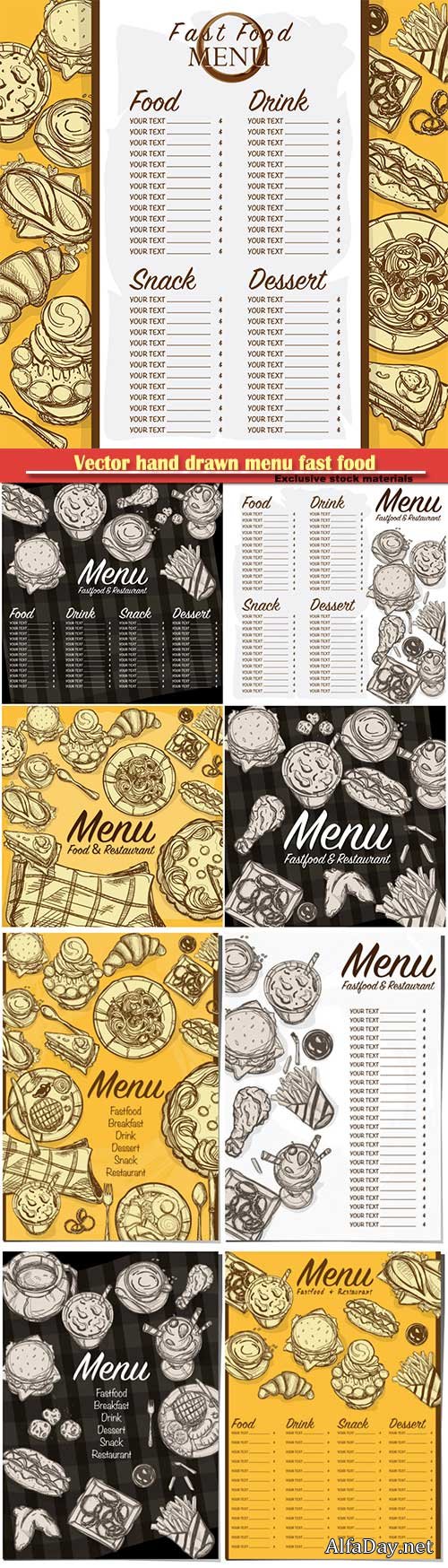 Vector hand drawn menu fast food restaurant template design