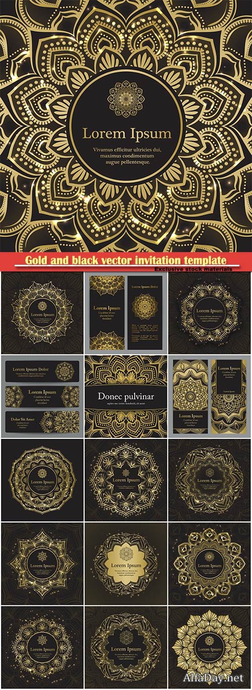 Gold and black vector invitation template, flyer template set with flower mandala in gold color