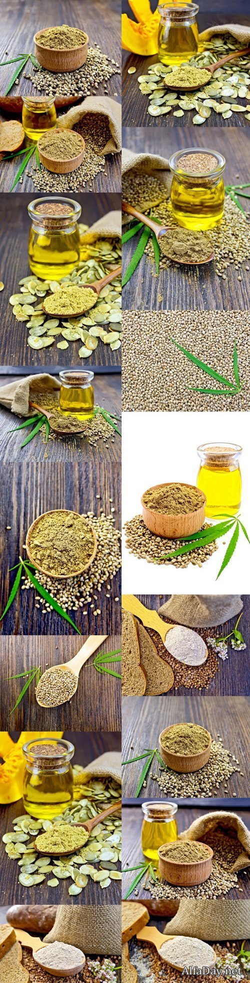 Lour hemp in spoon with grain and oil on board