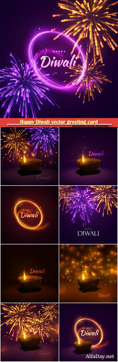 Happy Diwali vector greeting card, indian festival of lights and fire