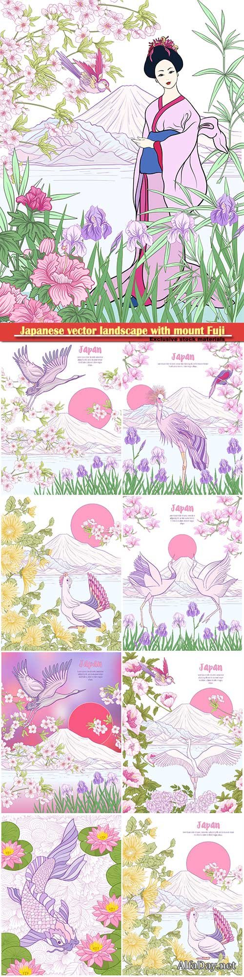 Japanese vector landscape with mount Fuji, sea, japanese woman in a kimono and tradition flowers and a bird