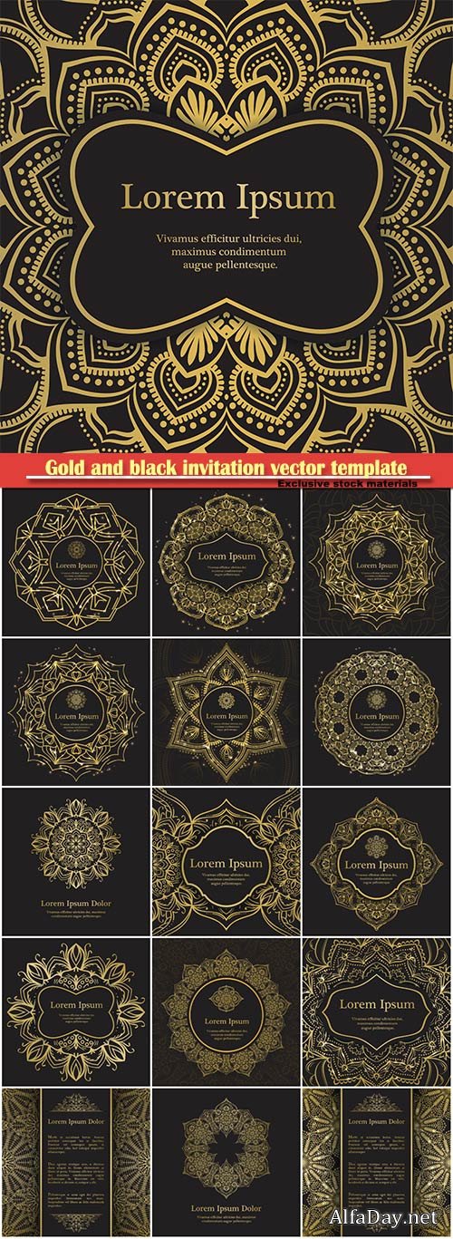 Gold and black invitation vector template, mandala background