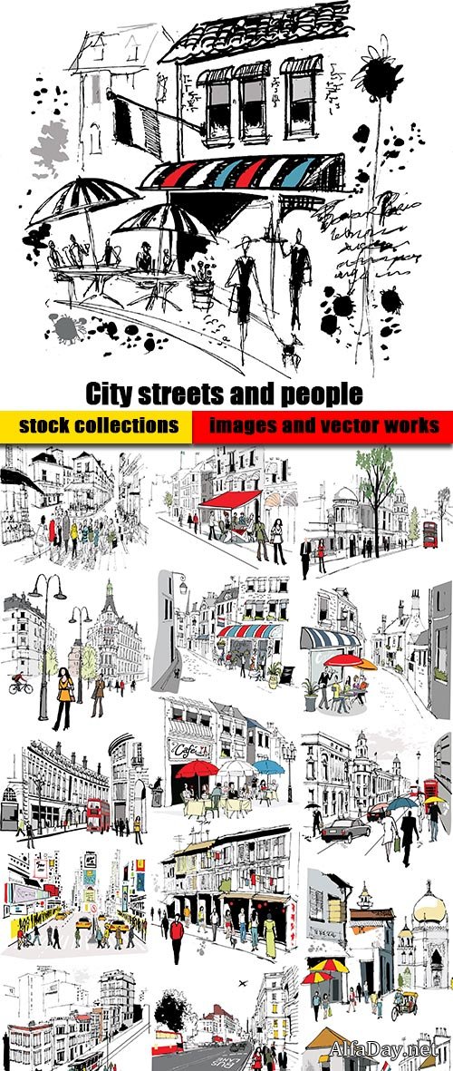 City streets and people in vector from stock - 25 Eps