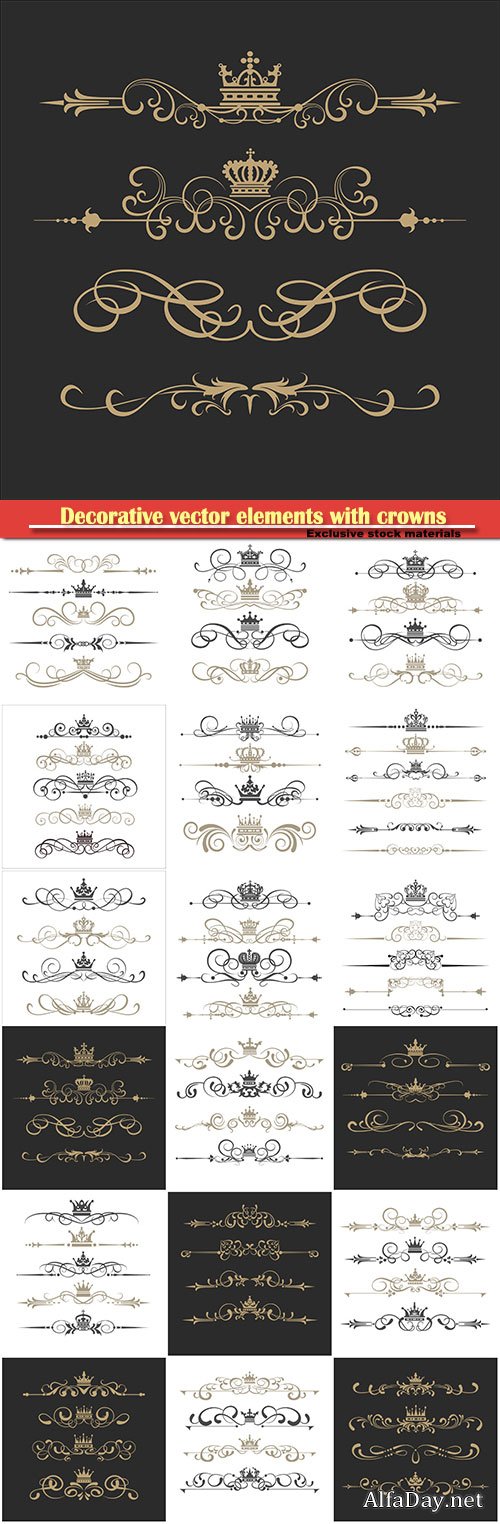 Decorative vector elements with crowns and ornaments